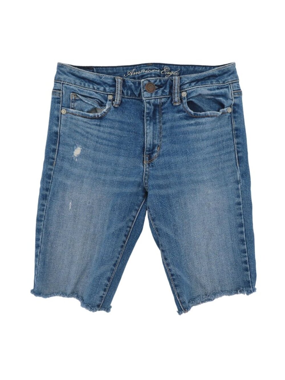 American Eagle Womens 4 Reg 77 Hi Rise Distressed Raw Hem Blue Denim Jean Shorts